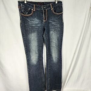 Black Crystal Stitch Accent Low Rise Lightly Distressed Flare Blue Jeans Size 11